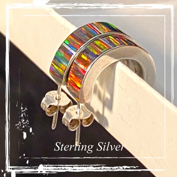 Fire Red Opal Sterling Silver Hoop Post Earrings 950 - Taxco, Mexico - Picture 4 of 8